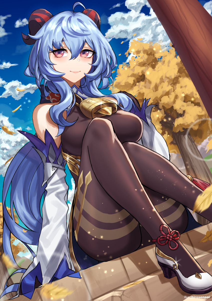 1girl absurdres adamosina ahoge autumn autumn_leaves bell black_bodysuit black_horns blue_hair blue_sky blush bodysuit clouds cowbell curled_horns day detached_sleeves english_commentary ganyu_(genshin_impact) genshin_impact goat_horns hair_between_eyes highres horns long_hair looking_at_viewer neck_bell outdoors sitting sitting_on_stairs sky sleeveless_bodysuit smile solo stairs tree very_long_hair violet_eyes white_footwear white_sleeves wide_sleeves