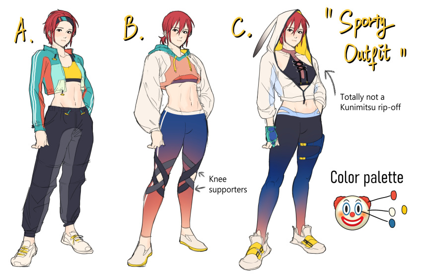 1girl absurdres character_sheet color_guide concept_art crop_top cropped_hoodie cropped_jacket full_body halter_top halterneck han_soo-min_(hanny) hanny_(uirusu_chan) headband highres hood hoodie midriff navel original pants redhead shoes short_hair sneakers solo sports_bra standing tekken toned track_pants variations yellow_sports_bra yoga_pants