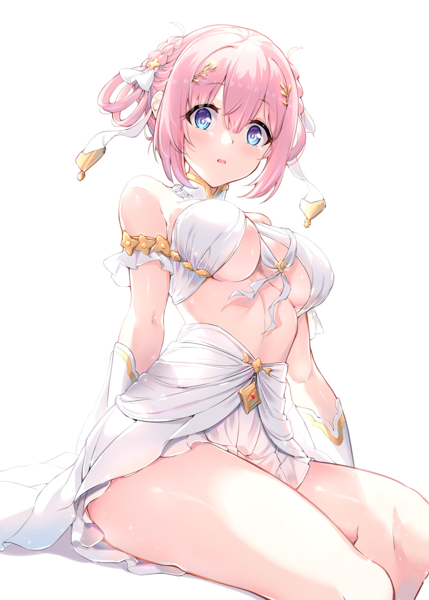 1girl :o absurdres bangs bare_shoulders blue_eyes blush braid breasts closed_eyes gloves hair_ornament hair_rings high-waist_skirt highres medium_breasts open_mouth pink_hair princess_connect! revealing_clothes shiny shiny_skin short_hair simple_background sitting skirt solo thighs under_boob white_background white_gloves white_skirt xin_(zinc) yui_(princess_connect!)