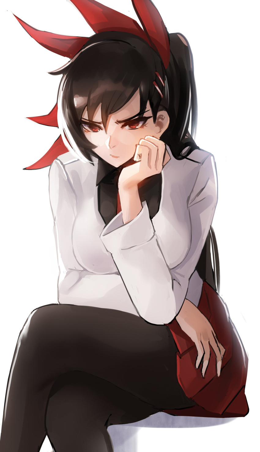 1girl absurdres bangs black_hair black_legwear black_shirt collared_shirt crossed_legs ha_yuri_zahard hair_behind_ear hair_ornament hairclip hand_on_own_cheek hand_on_own_face highres jacket leaning_forward long_hair miniskirt pantyhose pleated_skirt red_eyes red_neckwear red_skirt shirt single_sidelock sitting skirt tommy_(kingdukeee) tower_of_god white_jacket