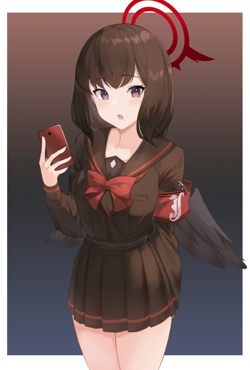 1girl absurdres armband bangs black_hair black_serafuku black_shirt black_skirt blue_archive border bow breasts cellphone collarbone cowboy_shot cynd eyebrows_visible_through_hair halo hand_up highres holding holding_phone looking_at_viewer mashiro_(blue_archive) medium_hair open_mouth phone red_armband red_bow red_neckwear sailor_collar school_uniform serafuku shirt skirt smartphone solo two-tone_background violet_eyes white_border wings