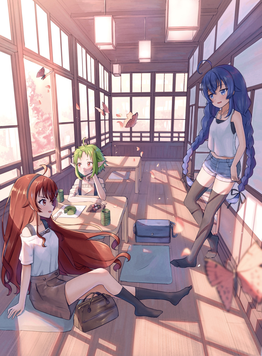 3girls absurdres ahoge alternate_costume bare_shoulders black_hair black_hairband black_legwear blue_eyes blue_hair blurry blurry_background blurry_foreground blush braid brown_skirt bug butterfly casual chabudai_(table) cherry_blossoms commentary cup dango day denim denim_shorts eris_greyrat eyebrows_visible_through_hair food green_hair hairband highres indoors insect long_hair multiple_girls mushoku_tensei no_shoes off-shoulder_shirt off_shoulder open_mouth open_window pointy_ears ray_peng red_eyes redhead roxy_migurdia shirt short_hair short_sleeves shorts sitting skirt sliding_doors smile standing sylphiette_(mushoku_tensei) table tank_top teacup thigh-highs twin_braids very_long_hair wagashi white_shirt white_tank_top window