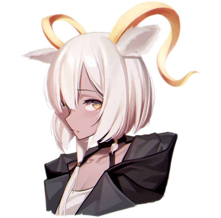 1girl absurdres animal_ears arknights beeswax_(arknights) beudelb black_jacket commentary dark-skinned_female dark_skin goat_ears goat_girl goat_horns highres horns jacket korean_commentary light_blush looking_at_viewer portrait shirt short_hair_with_long_locks sideways_glance simple_background solo white_background white_hair white_shirt yellow_eyes