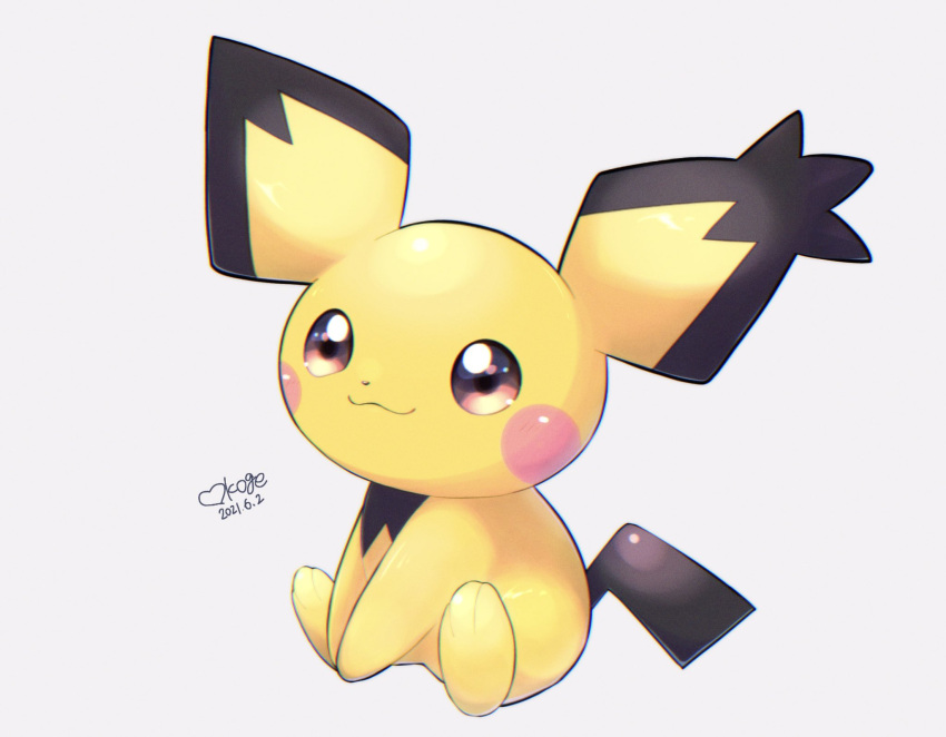 closed_mouth commentary_request creature dated full_body gen_2_pokemon highres no_humans okoge_(simokaji) pichu pokemon pokemon_(creature) shiny signature sitting smile solo white_background