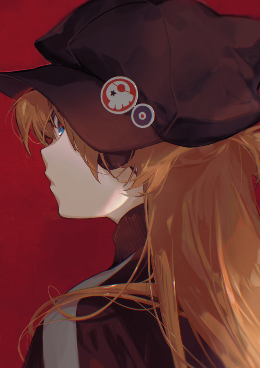 1girl absurdres bangs blue_eyes chi4 closed_mouth commentary_request evangelion:_3.0_you_can_(not)_redo eyepatch from_behind from_side hair_between_eyes hair_over_shoulder hat hat_ornament highres jacket long_hair looking_at_viewer looking_back looking_to_the_side neon_genesis_evangelion rebuild_of_evangelion red_background red_jacket redhead simple_background solo souryuu_asuka_langley turtleneck upper_body