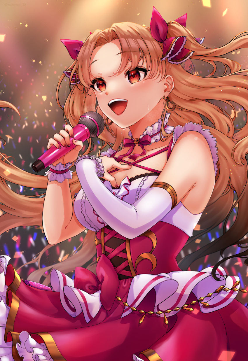 1girl :d bangs blonde_hair blush breasts detached_sleeves dress ereshkigal_(fate) fate/grand_order fate_(series) flower_sunshine hair_ribbon highres holding holding_microphone idol long_hair medium_breasts microphone minepaihiritsu music open_mouth parted_bangs red_eyes red_ribbon ribbon singing single_detached_sleeve sleeveless sleeveless_dress smile solo upper_body very_long_hair white_sleeves