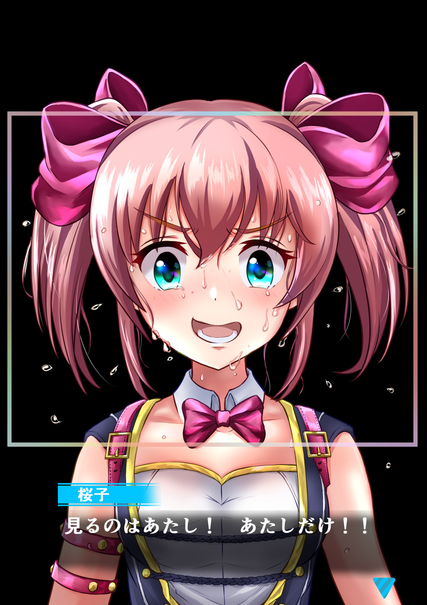 absurdres alternative_girls angry armband black_background blue_eyes bow collar desperation flying_sweatdrops hair_bow highres idol idol_clothes idoly_pride open_mouth pink_bow pink_hair scowl sleeveless square strap sweat sweating_profusely teeth translation_request uniform user_czhr8343