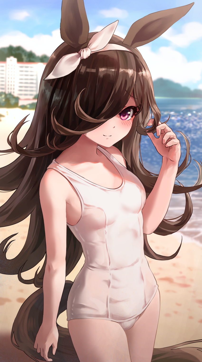 1girl animal_ears beach blue_sky blurry breasts brown_hair building clouds commentary_request cowboy_shot day depth_of_field hair_over_one_eye hairband highres horse_ears horse_girl horse_tail long_hair melaton ocean outdoors red_eyes rice_shower_(umamusume) school_swimsuit sky small_breasts solo swimsuit tail umamusume water white_hairband white_swimsuit
