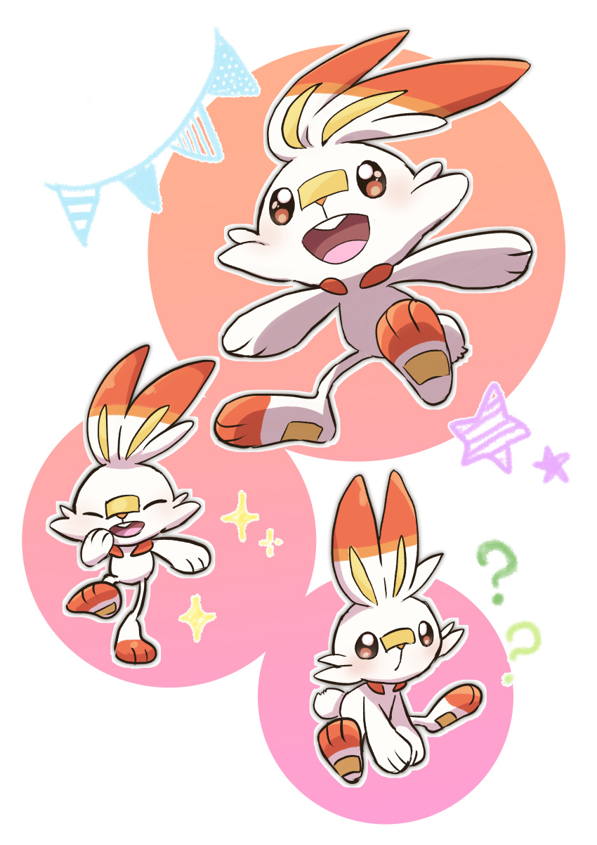 :d ? absurdres bandaid bandaid_on_nose brown_eyes closed_eyes commentary creature gen_8_pokemon highres nako_(nekono_shippo75) no_humans open_mouth paws pokemon pokemon_(creature) scorbunny smile sparkle standing star_(symbol) starter_pokemon toes tongue