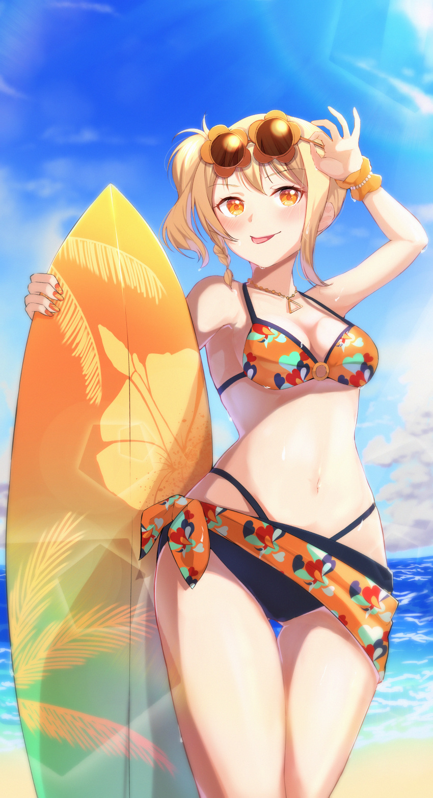 1girl absurdres bangs beach bikini black_bikini blonde_hair breasts clouds eyebrows_visible_through_hair eyewear_on_head highres holding holding_surfboard huge_filesize lens_flare love_live! love_live!_nijigasaki_high_school_idol_club medium_breasts midriff miyashita_ai navel ocean orange_bikini orange_eyes side_ponytail sky smile solo sophiaenju sunglasses surfboard swimsuit tied_hair tongue tongue_out wide_hips