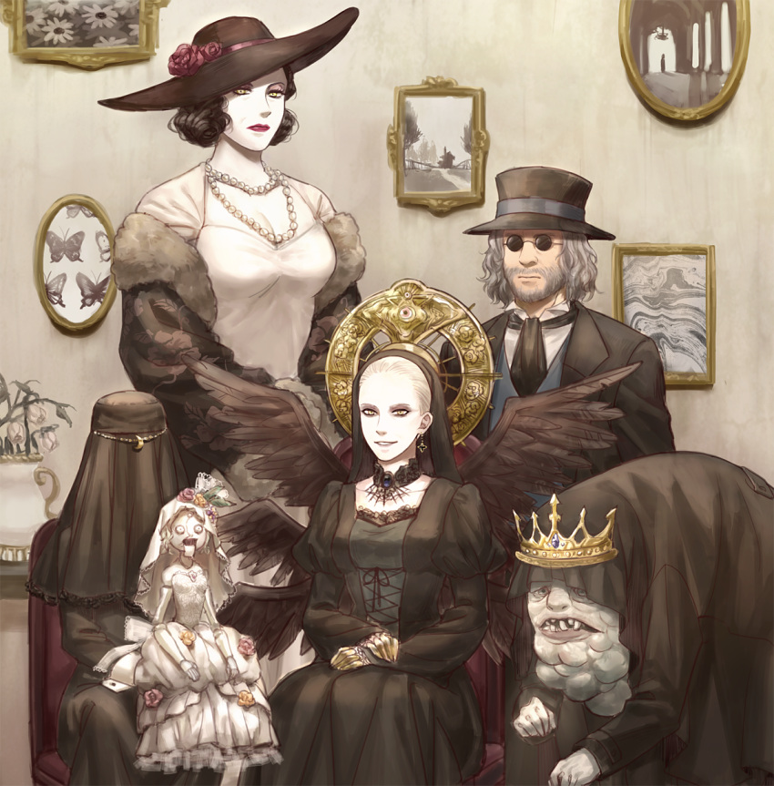 2boys 3girls alcina_dimitrescu angie_(resident_evil) beard black_feathers black_headwear black_neckwear black_wings chair character_request covered_face crown doll donna_beneviento dress earrings facial_hair feathered_wings feathers flower grey_hair hat hat_flower headpiece headwear highres hunchback hunched_over jewelry karl_heisenberg lipstick makeup mother_miranda multiple_boys multiple_girls nashigawa necklace painting_(object) pale_skin pearl_necklace resident_evil resident_evil_village salvatore_moreau sitting teeth white_dress wings