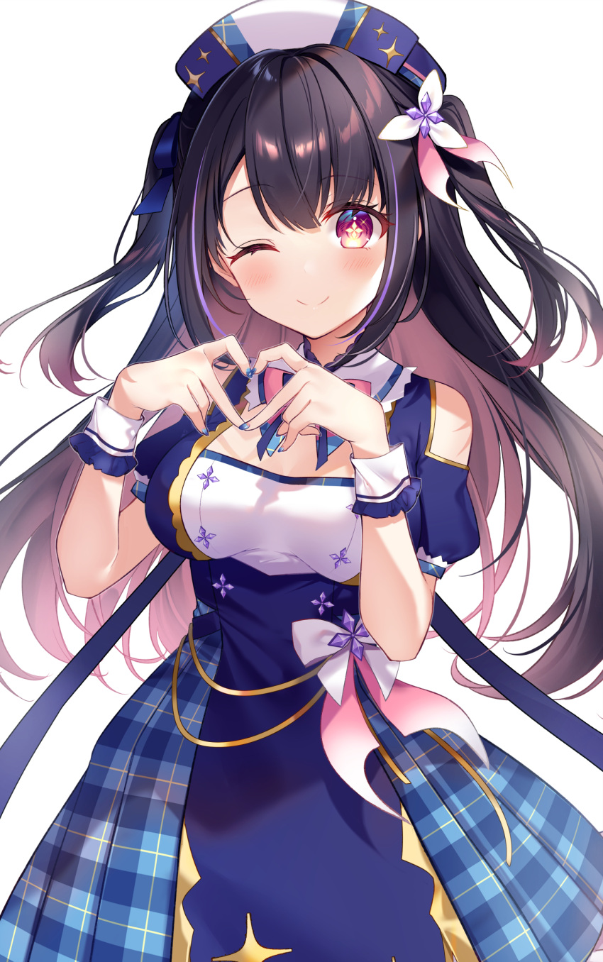 1girl ;) bangs bare_shoulders black_hair blue_dress blue_headwear blue_nails blush breasts brown_hair closed_mouth clothing_cutout dress eyebrows_visible_through_hair hair_between_eyes hands_up heart heart_hands highres hina_misora kisaragi_yuri long_hair looking_at_viewer medium_breasts multicolored_hair nail_polish one_eye_closed plaid plaid_dress pleated_dress puffy_short_sleeves puffy_sleeves red_eyes short_sleeves shoulder_cutout simple_background smile solo two-tone_hair two_side_up very_long_hair virtual_youtuber wactor_production white_background wrist_cuffs