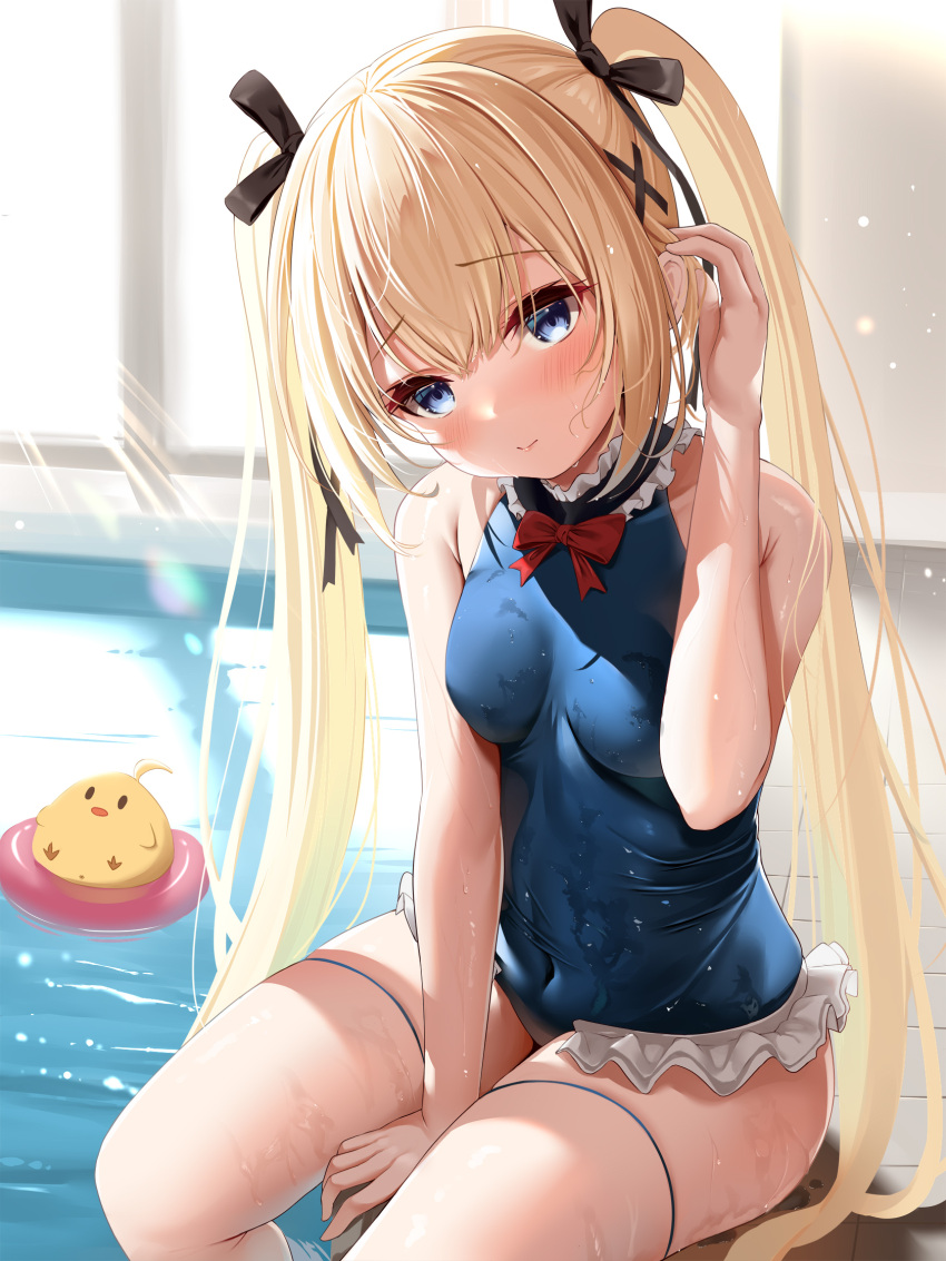 1girl azur_lane bangs bare_arms bare_shoulders black_ribbon blonde_hair blue_eyes blue_swimsuit blush bow bowtie breasts casual_one-piece_swimsuit closed_mouth collarbone covered_navel creature dead_or_alive eyebrows_visible_through_hair frilled_swimsuit frills hair_ribbon hair_tucking hand_up highres indoors kokuto_(kurousagi1210) light_rays long_hair manjuu_(azur_lane) marie_rose medium_breasts on_floor one-piece_swimsuit pool red_bow red_neckwear ribbon sitting smile soaking_feet swimsuit thigh_strap twintails very_long_hair water wet wet_clothes wet_swimsuit