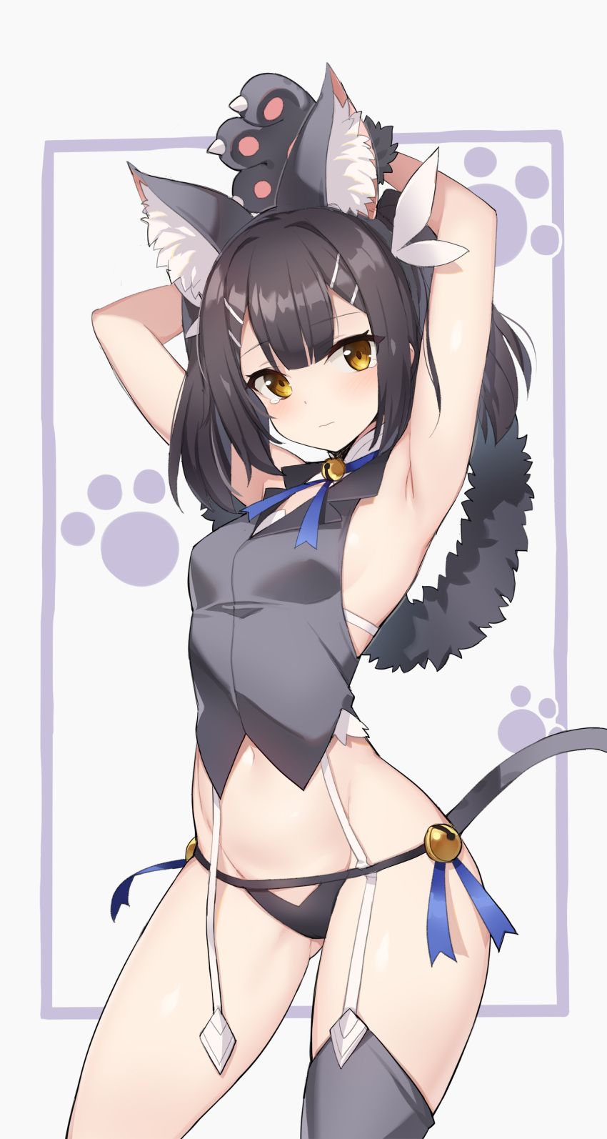 1girl absurdres animal_ear_fluff animal_ears armpits arms_behind_head arms_up ass_visible_through_thighs bare_arms bare_shoulders bell black_hair black_panties breasts closed_mouth collared_shirt contrapposto cowboy_shot crop_top fake_animal_ears fate/kaleid_liner_prisma_illya fate_(series) gloves grey_legwear grey_shirt groin hair_ornament hairband hairclip highres jingle_bell long_hair looking_at_viewer miyu_edelfelt navel no_pants orange_eyes panties paw_gloves paws serin199 shirt single_thighhigh sleeveless sleeveless_shirt small_breasts solo standing stomach string_panties suspenders tears thigh-highs thighs twintails underwear