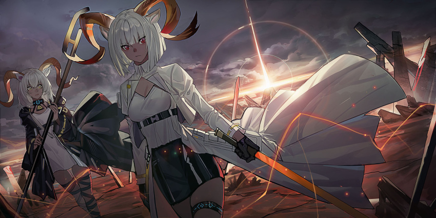 2girls animal_ears arknights beeswax_(arknights) black_gloves black_jacket black_skirt carnelian_(arknights) clouds collar cropped_jacket dress dutch_angle echj gloves goat_ears goat_girl goat_horns highres holding holding_staff holding_sword holding_weapon horns infection_monitor_(arknights) jacket looking_at_viewer multiple_girls open_clothes open_jacket originium_(arknights) outdoors red_eyes shirt short_hair siblings sisters skirt staff sword thigh_strap weapon white_dress white_jacket white_shirt yellow_eyes