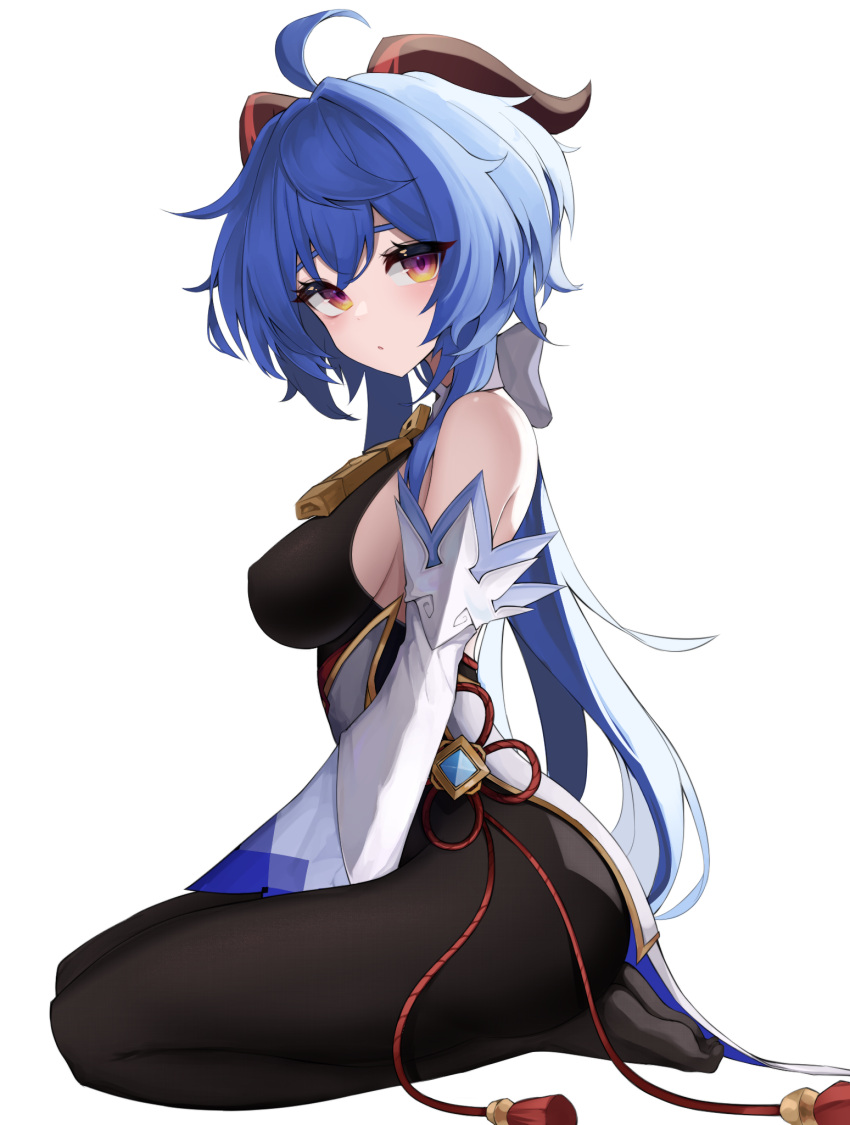 1girl bare_shoulders bell black_bodysuit black_legwear blue_hair bodysuit breasts cowbell detached_sleeves from_side full_body ganyu_(genshin_impact) genshin_impact goat_horns gradient_eyes highres horns large_breasts long_hair looking_at_viewer looking_to_the_side multicolored multicolored_eyes neck_bell no_bra no_shoes ohpe parted_lips red_eyes seiza sideboob simple_background sitting soles solo tassel white_background yellow_eyes