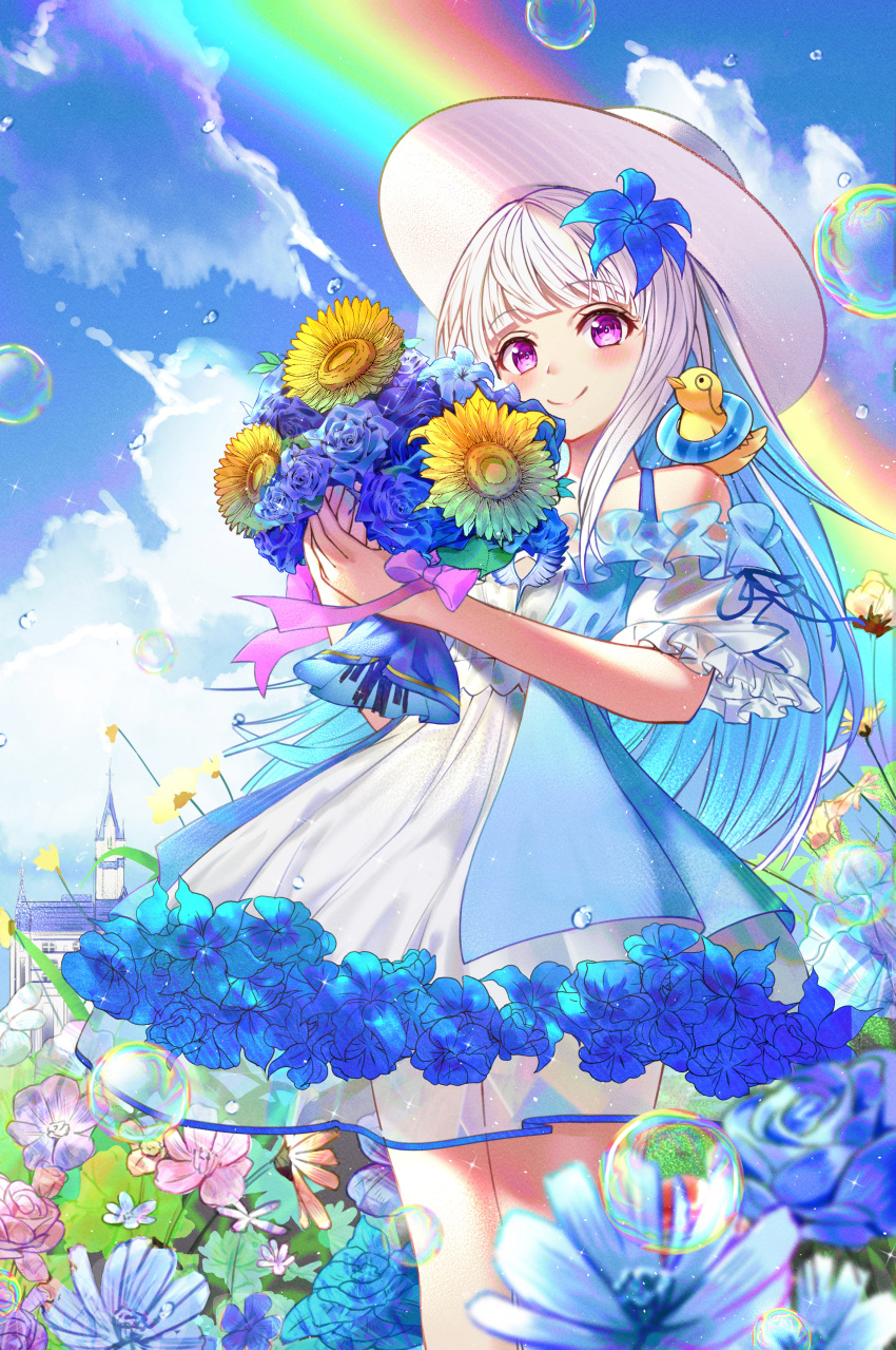 1girl absurdres animal_on_shoulder bare_shoulders bird blue_flower blue_hair blue_rose blue_sky bouquet bubble chick closed_mouth clouds commentary_request day dress flower hair_flower hair_ornament hat highres holding holding_bouquet huge_filesize lize_helesta long_hair monocle multicolored_hair nijisanji off-shoulder_dress off_shoulder on_shoulder outdoors pink_flower puffy_short_sleeves puffy_sleeves purple_flower rainbow rose sebastian_piyodore see-through short_sleeves sky smile sun_hat two-tone_hair very_long_hair violet_eyes virtual_youtuber wang_man white_dress white_hair white_headwear