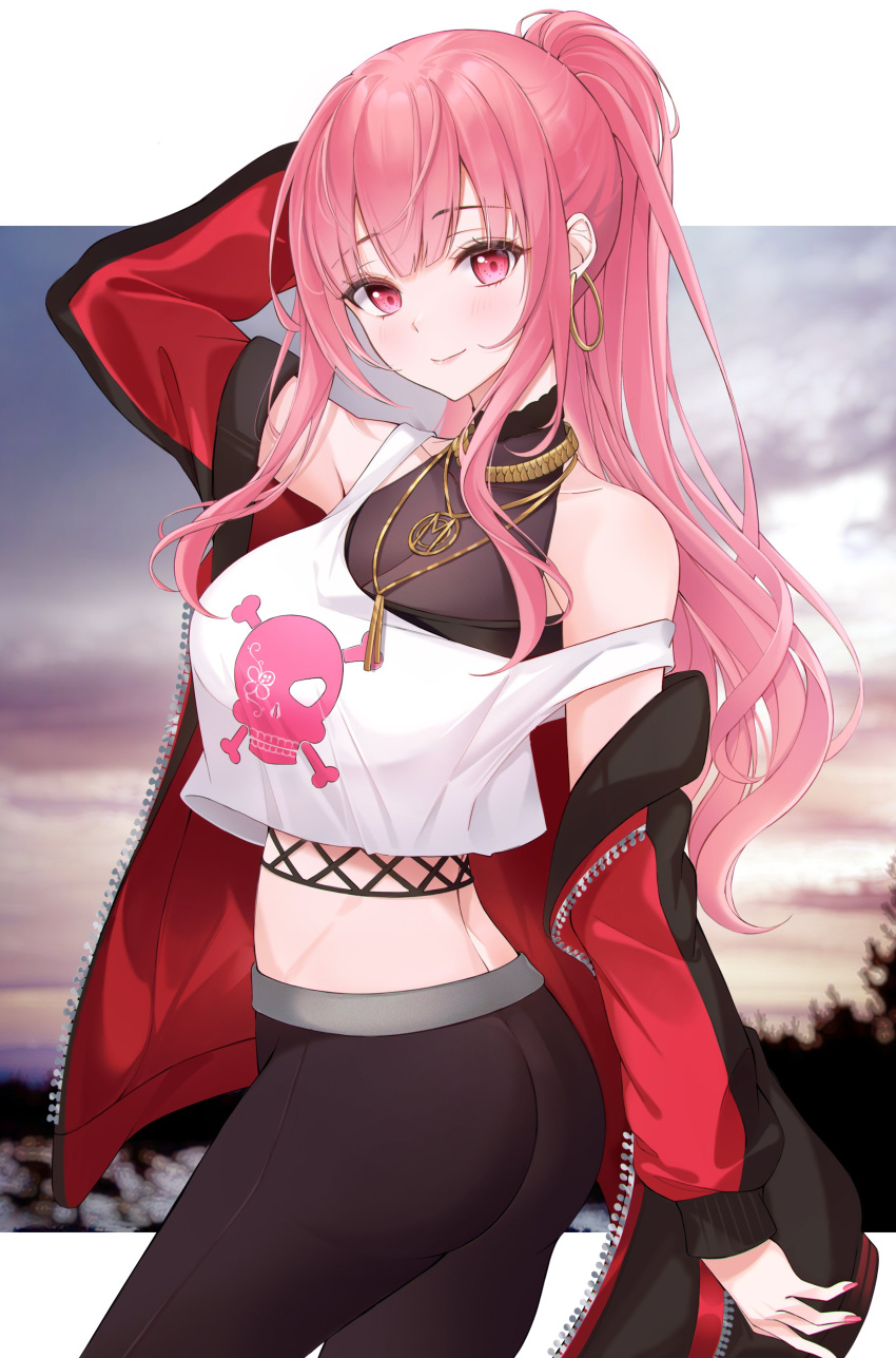 1girl absurdres arm_up ass bare_shoulders black_pants cowboy_shot crop_top crop_top_overhang fishnets highres hololive hololive_english jacket jewelry lebring long_hair long_sleeves looking_at_viewer midriff mori_calliope necklace off_shoulder open_clothes open_jacket pants pink_eyes pink_hair ponytail red_jacket shirt sleeveless sleeveless_shirt smile solo standing strap_slip tank_top twisted_torso virtual_youtuber white_shirt