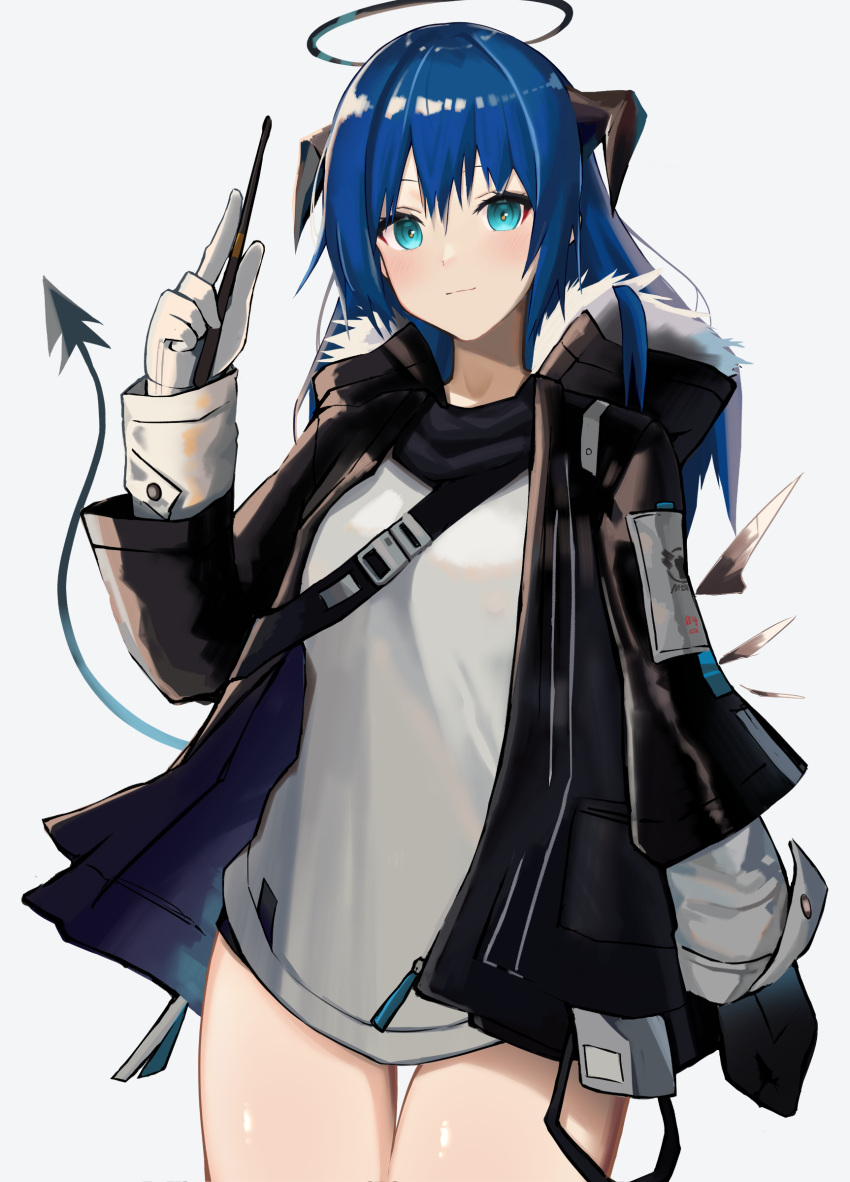 1girl 70zyomin7 absurdres arknights black_jacket black_shorts blue_eyes blue_hair buckle commentary cowboy_shot demon_horns energy_wings eyebrows_visible_through_hair fur-trimmed_hood fur_trim gloves halo highres holding holding_wand hood horns jacket light_smile long_hair long_sleeves mostima_(arknights) open_clothes open_jacket shirt short_shorts shorts solo standing strap tail thighs wand weapon white_gloves white_shirt zipper zipper_pull_tab