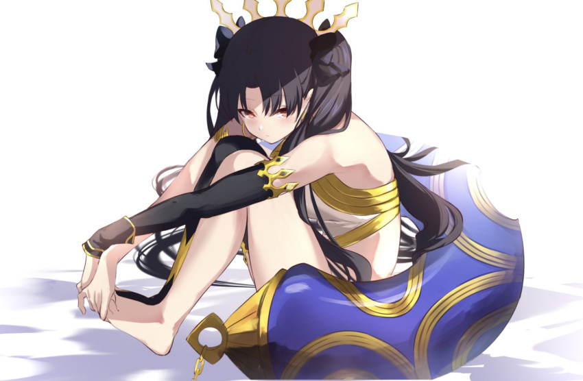 1girl armlet bangs bikini black_hair black_legwear bracelet breasts detached_sleeves earrings fate/grand_order fate_(series) gold_trim hair_ribbon heavenly_boat_maanna hoop_earrings ishtar_(fate) ishtar_(fate)_(all) jewelry knees_up legs long_hair looking_at_viewer medium_breasts mismatched_bikini parted_bangs red_eyes ribbon single_detached_sleeve single_thighhigh sitting solo spider_apple swimsuit thigh-highs thighlet tiara two_side_up