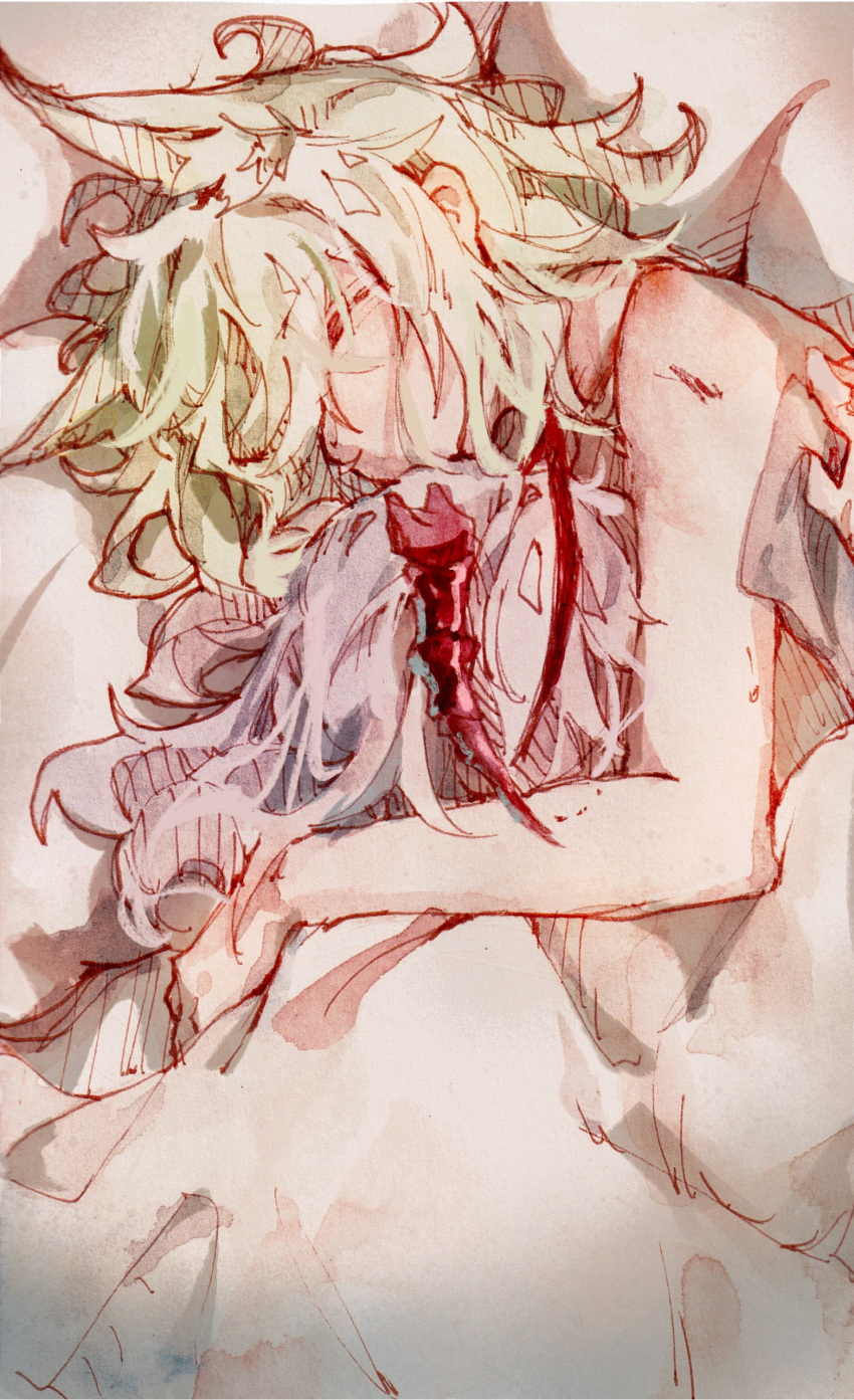 2girls absurdres animal_ears antennae arknights bite_mark blanket blush cat_ears closed_eyes demon_horns green_hair highres horns kal'tsit_(arknights) messy_hair moyu_marginal multiple_girls naked_sheet nude silver_hair sleeping spooning under_covers w_(arknights) yuri