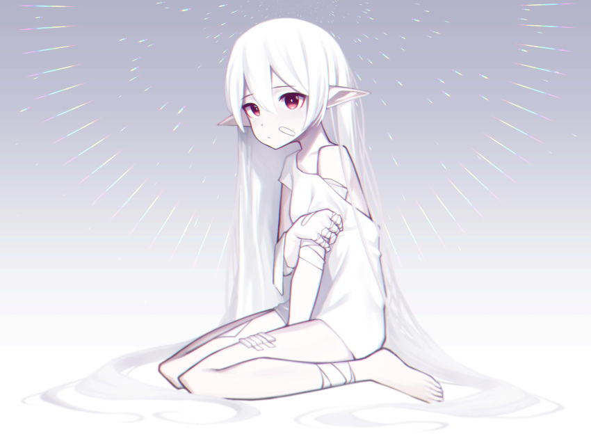 1girl absurdres arknights bandages bandaid bandaid_on_face beudelb commentary full_body gradient gradient_background highres korean_commentary long_hair looking_at_viewer naked_shirt pointy_ears red_eyes shirt sitting solo very_long_hair warfarin_(arknights) wariza white_hair white_shirt