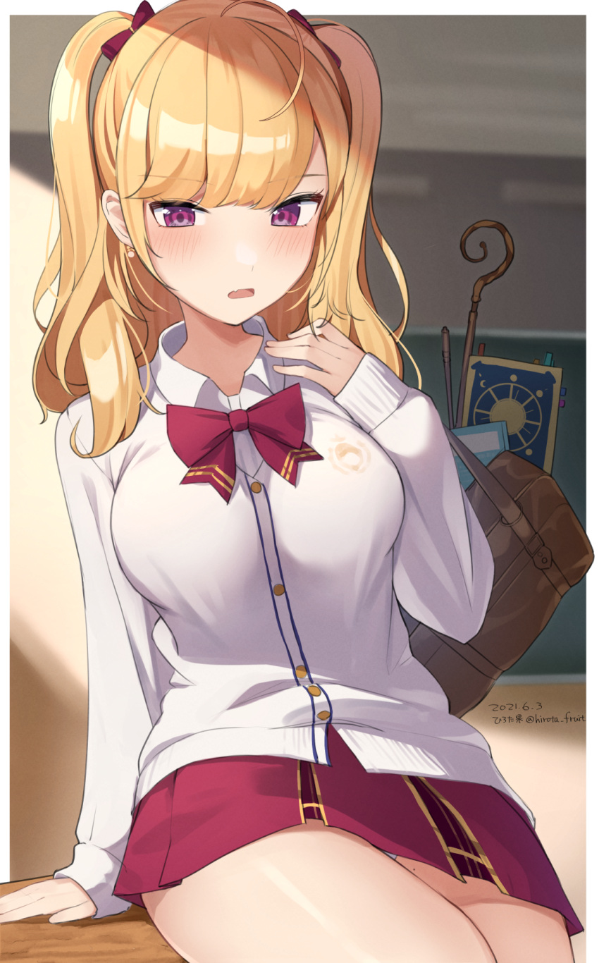 1girl arm_support bag bangs blonde_hair blurry blurry_background blush book bookmark bow breasts cardigan collared_shirt commentary_request dated depth_of_field eyebrows_visible_through_hair fang hair_bow hand_up highres hirota_fruit indoors long_hair long_sleeves looking_at_viewer medium_breasts nijisanji open_mouth pleated_skirt red_bow red_skirt school_bag school_uniform shirt skirt sleeves_past_wrists solo staff takamiya_rion twitter_username two_side_up violet_eyes virtual_youtuber white_cardigan white_shirt