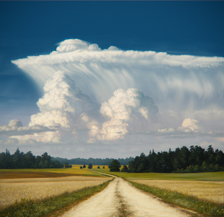clouds cloudy_sky cumulonimbus_cloud dirt_road faux_traditional_media field flower forest justinas_vitkus landscape lithuania meadow nature no_humans original road rural sky summer tree weeds wheat_field