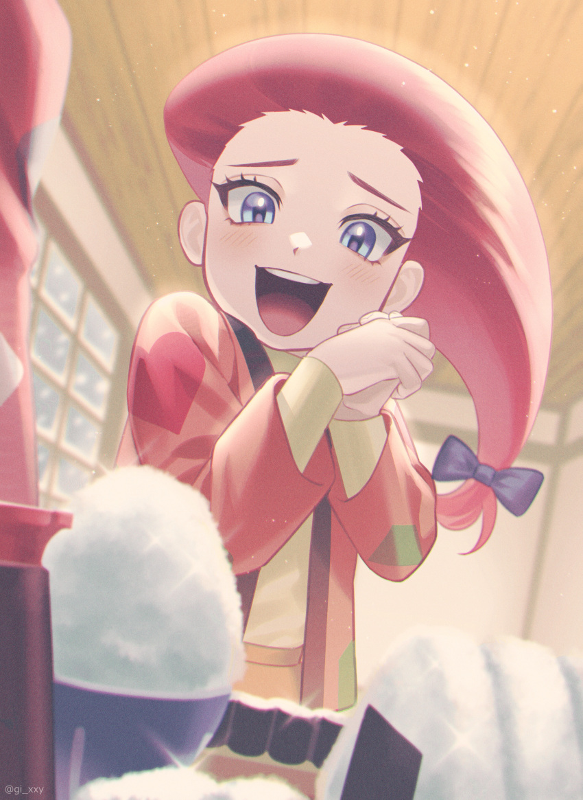 1girl :d absurdres black_bow blue_eyes bow food hair_bow hands_clasped highres huge_filesize indoors japanese_clothes jessie_(pokemon) long_hair low-tied_long_hair onigiri open_mouth own_hands_together pokemon pokemon_(anime) redhead rice ruru_(gi_xxy) smile snow standing sushi window younger