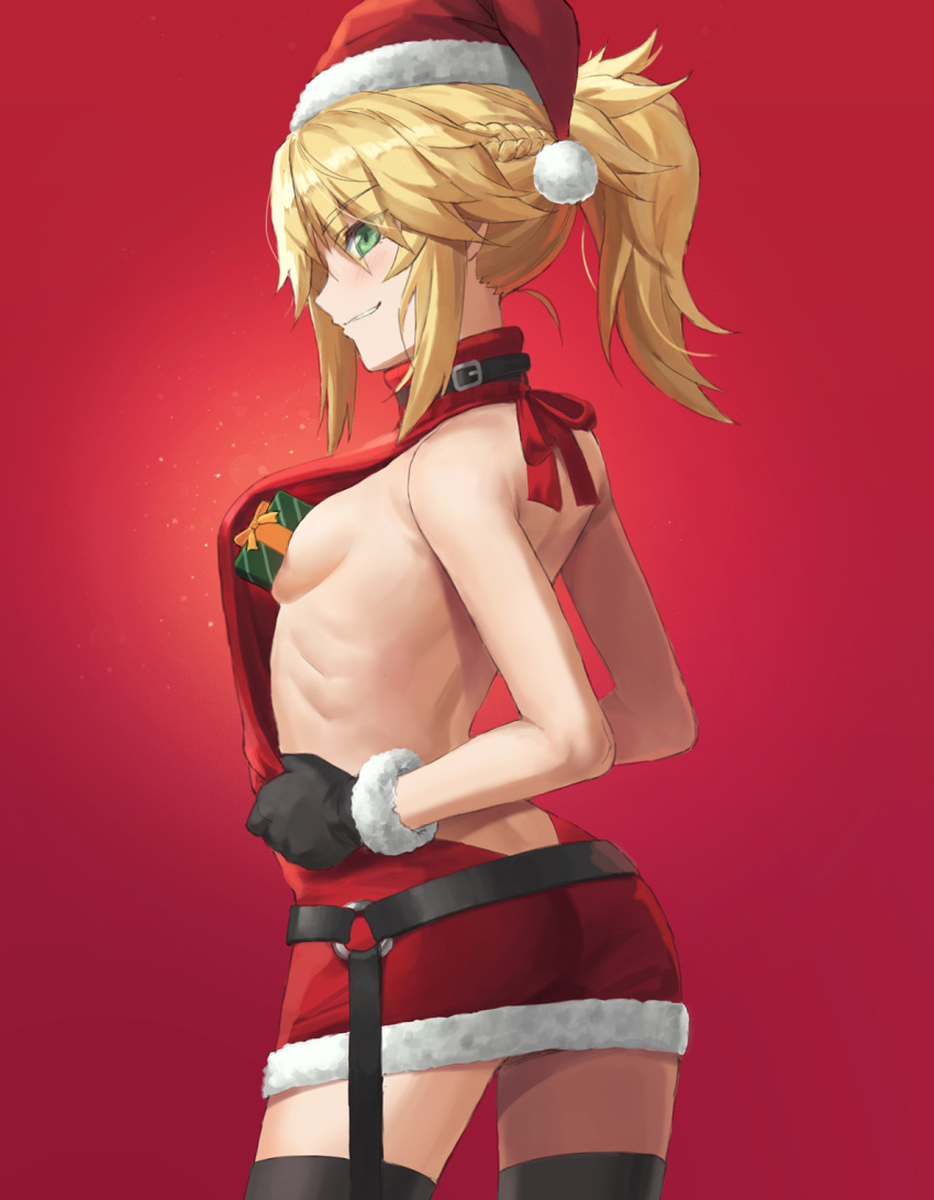 1girl arched_back ass back bangs bare_arms bare_shoulders belt blonde_hair box braid breasts eyebrows_visible_through_hair fate/apocrypha fate_(series) from_side gift gift_box green_eyes grin hat highres long_hair looking_at_viewer looking_to_the_side meme_attire mordred_(fate) mordred_(fate)_(all) no_bra ponytail profile red_background red_sweater revision santa_hat sideboob simple_background small_breasts smile solo sweater teeth thighs tonee type-moon virgin_killer_sweater