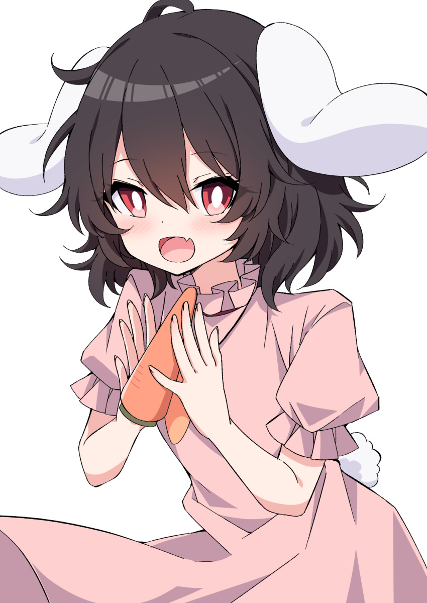 1girl animal_ears black_hair blush bright_pupils bunny_tail carrot commentary_request dress fang food hair_between_eyes hands_up highres holding holding_food inaba_tewi looking_at_viewer open_mouth pink_dress rabbit_ears red_eyes short_hair short_sleeves simple_background skin_fang smile solo tail touhou tsukimirin white_background white_pupils