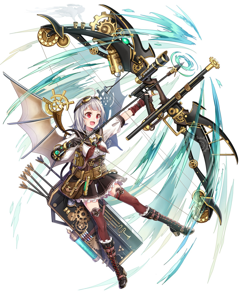 1girl :d absurdres ahoge arrow_(projectile) bangs binoculars black_footwear black_sailor_collar black_shorts boots bow_(weapon) breasts brown_legwear center_frills commentary_request compound_bow cross-laced_footwear frilled_boots frilled_footwear frilled_shorts frills full_body goggles goggles_on_head grey_hair highres holding holding_bow_(weapon) holding_weapon lace-up_boots looking_away medium_breasts neckerchief nekozuki_yuki open_mouth original pleated_shorts puffy_short_sleeves puffy_sleeves quiver red_eyes red_neckwear sailor_collar shirt short_shorts short_sleeves shorts simple_background smile solo steam steampunk thigh-highs thighhighs_under_boots weapon white_background white_shirt