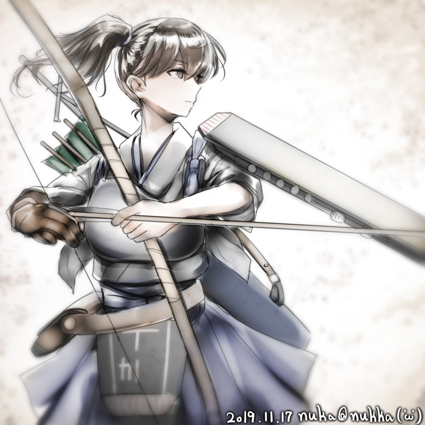 1girl arrow_(projectile) artist_name bow_(weapon) brown_eyes brown_hair cowboy_shot dated ears expressionless flight_deck gloves hair_tie highres kaga_(kancolle) kantai_collection looking_to_the_side muneate nuka_(nvkka) partially_fingerless_gloves side_ponytail single_glove solo tasuki weapon yugake