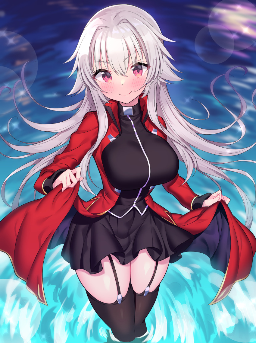 1girl absurdres bangs black_legwear black_skirt blush breasts closed_mouth eyebrows_visible_through_hair garter_straps hair_between_eyes highres ichi-jirushi large_breasts lifted_by_self long_hair long_sleeves looking_at_viewer original partially_submerged red_eyes skirt smile solo thigh-highs thighs water white_hair
