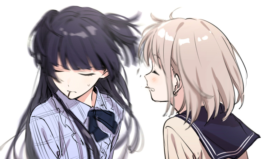 2girls black_hair black_neckwear blush brown_shirt closed_eyes collared_shirt commentary food grey_shirt idolmaster idolmaster_shiny_colors light_brown_hair long_hair mayuzumi_fuyuko motion_blur mouth_hold multiple_girls neck_ribbon plaid plaid_shirt pocky pocky_kiss portrait ribbon sailor_collar school_uniform serafuku serizawa_asahi shiragixx shirt short_hair simple_background smile sweatdrop two_side_up white_background