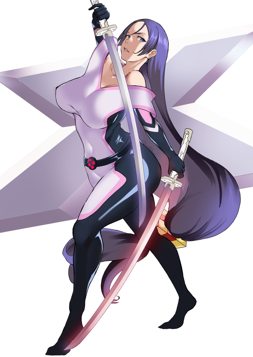 1girl absurdres bangs breasts cosplay curvy dual_wielding energy_blade fate/grand_order fate_(series) highres holding holding_sword holding_weapon large_breasts long_hair love-saber marvel minamoto_no_raikou_(fate) parted_bangs psylocke psylocke_(cosplay) sword weapon x-men