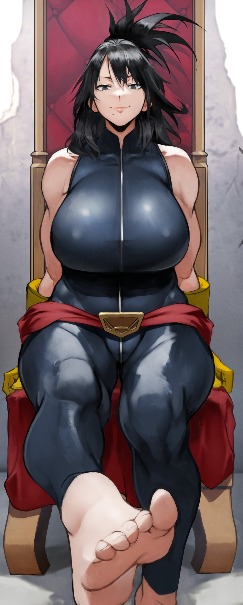 1girl absurdres bangs bare_shoulders biceps black_hair boku_no_hero_academia breasts chair feet folded_ponytail gloves grey_eyes highres large_breasts legs long_hair looking_at_viewer mole mole_under_mouth muscular muscular_female shimura_nana sleeveless_bodysuit smile toes yellow_gloves yoshio_(55level)
