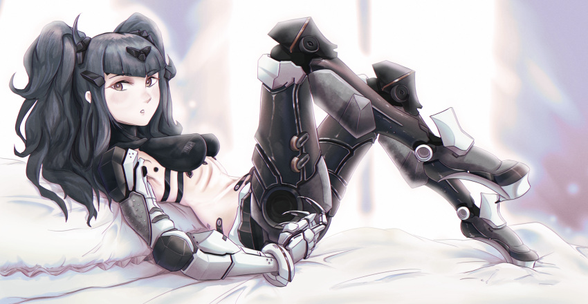 1girl bed bed_sheet black_hair breasts cyborg girls_frontline haonfest_art highres looking_at_viewer machine mecha_musume nyto_(girls_frontline) original paradeus pillow prosthesis prosthetic_arm prosthetic_leg ribs solo twintails