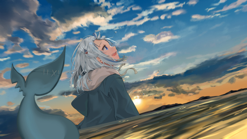 1girl absurdres blue_eyes blue_hair blue_hoodie blue_sky clouds cloudy_sky commentary dawn day dutch_angle english_commentary fish_tail from_side gawr_gura hair_ornament highres hololive hololive_english hood hoodie looking_up mashiro_chun medium_hair multicolored_hair ocean open_mouth outdoors profile scenery shark_hair_ornament shark_tail sharp_teeth short_twintails silver_hair sky smile solo stitches streaked_hair tail teeth twintails two-tone_hair two_side_up upper_body virtual_youtuber wading