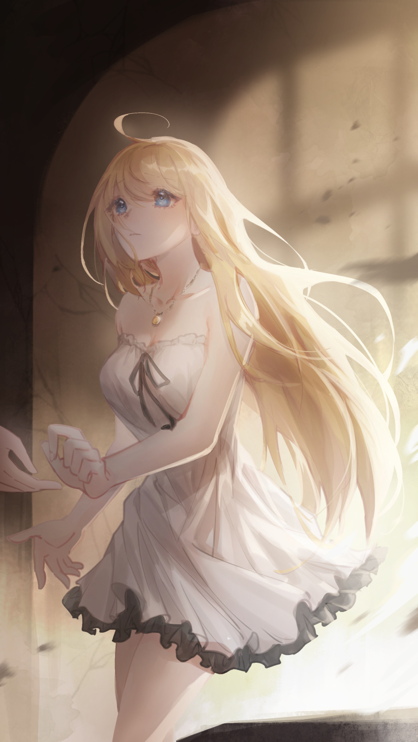 1girl absurdres ahoge althea_jade bangs bare_shoulders blonde_hair blue_eyes closed_mouth collarbone cowboy_shot dress frilled_dress frills highres jewelry long_hair necklace nijisanji nijisanji_id out_of_frame shadow solo_focus strapless strapless_dress virtual_youtuber white_dress zea_cornelia