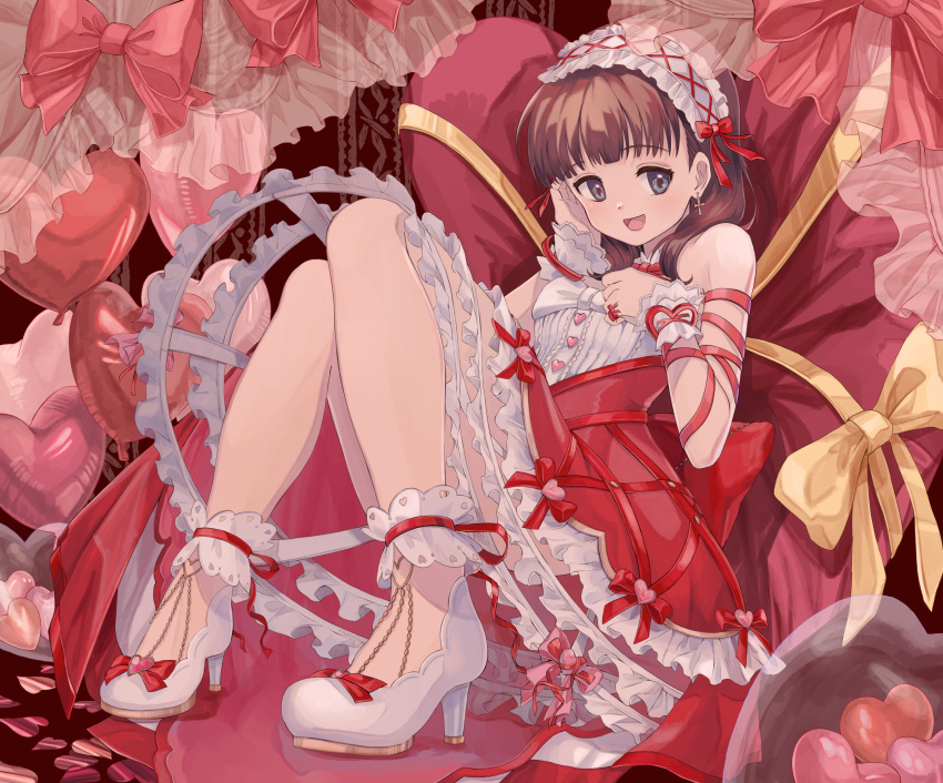 1girl absurdres bangs bare_arms bare_shoulders blue_eyes blush bow breasts brown_hair dress earrings frilled_dress frills hair_ornament hairband hand_on_own_cheek hand_on_own_face heart heart_balloon heart_button heart_pillow high_heels highres idolmaster idolmaster_cinderella_girls idolmaster_cinderella_girls_starlight_stage jewelry looking_at_viewer medium_breasts meruko2000 open_mouth pillow red_ribbon ribbon sakuma_mayu smile solo string string_of_fate