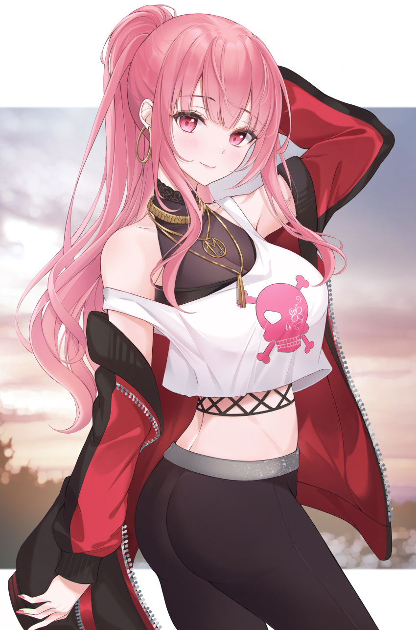 1girl absurdres arm_up ass bare_shoulders black_pants cowboy_shot crop_top crop_top_overhang fishnets highres hololive hololive_english jacket jewelry lebring long_hair long_sleeves looking_at_viewer midriff mori_calliope necklace off_shoulder open_clothes open_jacket pants pink_eyes pink_hair ponytail red_jacket shirt sleeveless sleeveless_shirt smile solo standing strap_slip tank_top twisted_torso virtual_youtuber white_shirt