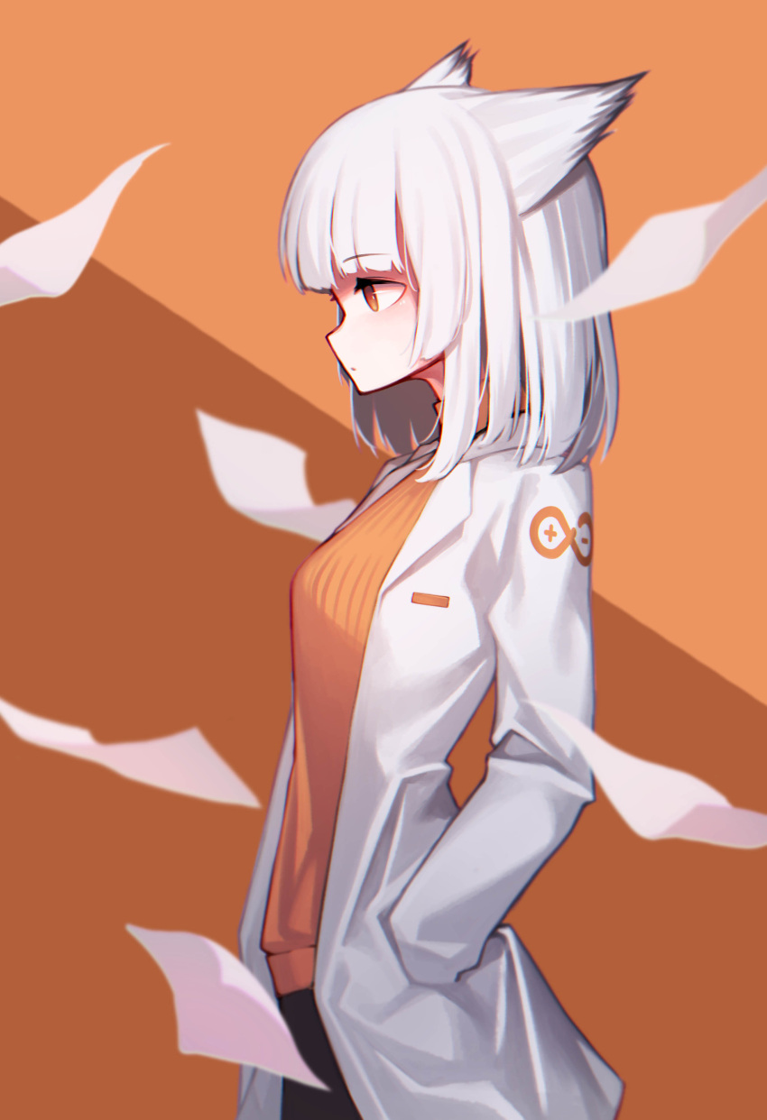 1girl absurdres arknights beudelb black_skirt coat commentary from_side highres korean_commentary labcoat looking_to_the_side medium_hair orange_background orange_sweater owl_ears paper ptilopsis_(arknights) rhine_lab_logo skirt solo sweater upper_body white_coat white_hair