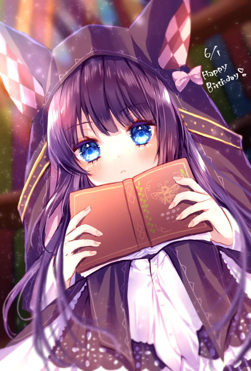 1girl animal_ears animal_hood argyle bangs blue_eyes blurry blurry_background blush book closed_mouth commentary_request depth_of_field eyebrows_visible_through_hair fake_animal_ears fingernails hands_up happy_birthday highres holding holding_book hood hood_up long_hair long_sleeves looking_at_viewer open_book pink_nails purple_hair red:_pride_of_eden shirt solo upper_body white_shirt xx_momomo_xx