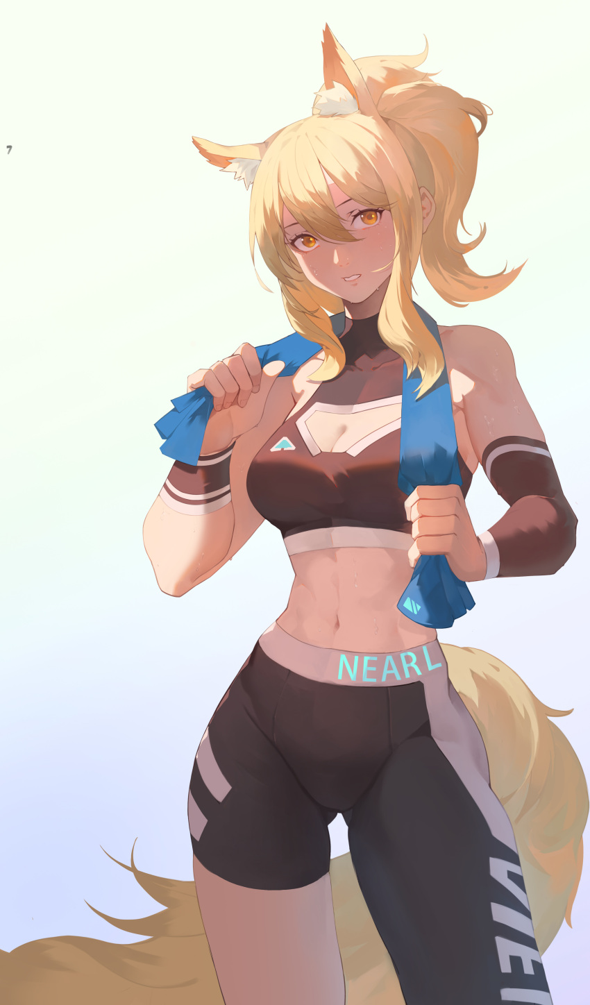 1girl abs absurdres animal_ear_fluff animal_ears arknights arm_warmers asymmetrical_legwear bare_shoulders black_bra black_pants blonde_hair blue_background blue_towel bra character_name cleavage_cutout clothing_cutout commentary_request covered_collarbone cowboy_shot drying fanfanfanlove gradient gradient_background hands_up highres holding holding_towel horse_ears horse_girl horse_tail light_blue_background linea_alba long_hair looking_at_viewer midriff navel nearl_(arknights) pants parted_lips ponytail skin_tight solo sports_bra sweat tail teeth toned towel underwear wristband yellow_eyes yoga_pants