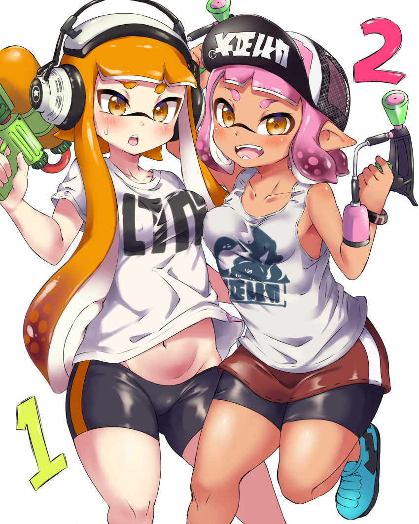 2girls baseball_cap bike_shorts brown_eyes fangs hat headphones highres inkling looking_at_viewer multiple_girls open_mouth orange_hair penguin_maru_(penginmaru) pink_hair pointy_ears shirt short_hair short_shorts shorts shorts_under_skirt smile splatoon_(series) splatoon_1 splatoon_2 t-shirt tan tank_top tentacle_hair