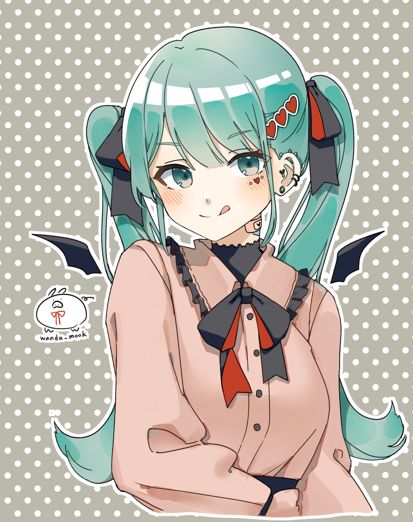 1girl absurdres aqua_eyes aqua_hair artist_logo artist_name bandaid bandaid_on_neck black_ribbon black_shirt blouse blush buttons commentary_request demon_wings ear_piercing grey_background hair_ornament hatsune_miku heart heart_hair_ornament highres licking_lips long_hair long_sleeves looking_at_viewer neck_ribbon piercing pink_blouse polka_dot polka_dot_background red_ribbon ribbon shirt solo tongue tongue_out twintails upper_body vampire_(vocaloid) vocaloid wandu_muk wings