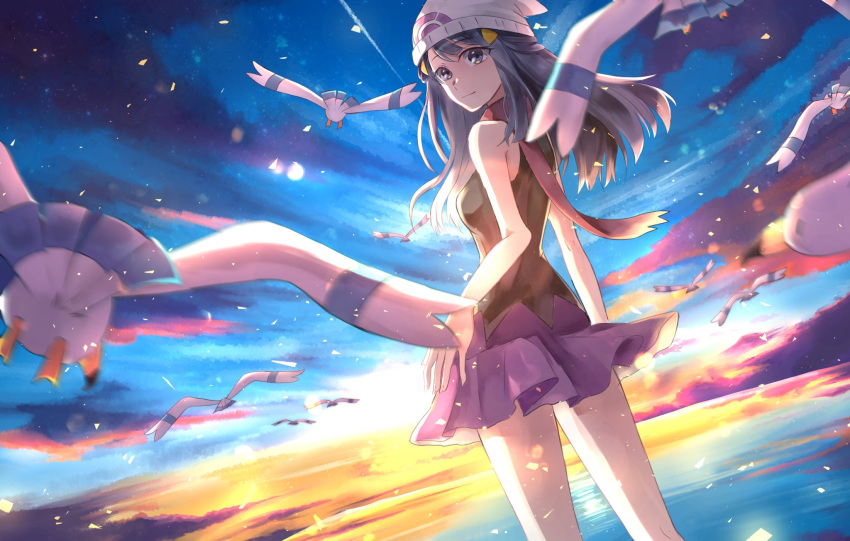 1girl bangs bare_arms beanie blurry breasts closed_mouth clouds commentary_request hikari_(pokemon) eyebrows_visible_through_hair eyelashes floating_scarf gen_3_pokemon hair_ornament hairclip hat highres kneepits long_hair outdoors pokemon pokemon_(creature) pokemon_(game) pokemon_dppt red_scarf scarf sky sleeveless twilight white_headwear wingull yoru_nights