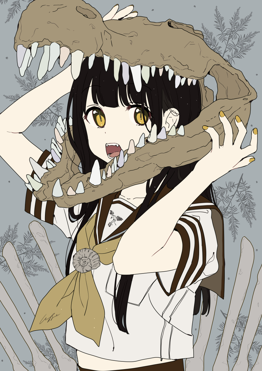 1girl absurdres animal_skull arm_up bangs black_hair bone brown_eyes brown_nails brown_neckwear brown_sailor_collar brown_skirt commentary_request fangs grey_background hand_up highres long_hair nail_polish neckerchief open_mouth original pomu sailor_collar school_uniform serafuku shirt skirt solo upper_body very_long_hair white_shirt