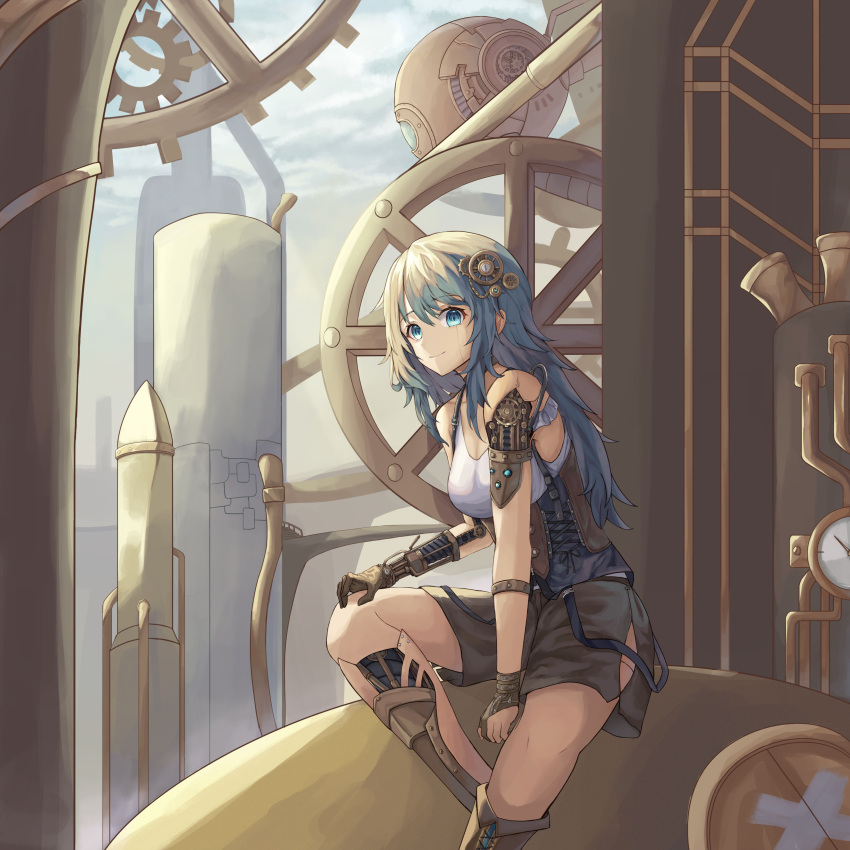 1girl absurdres android blue_eyes blue_hair cable commentary_request corset damaged eyebrows_visible_through_hair gauge gears highres long_hair looking_at_viewer mechanical_parts original randomcatbox shorts sitting smile steampunk